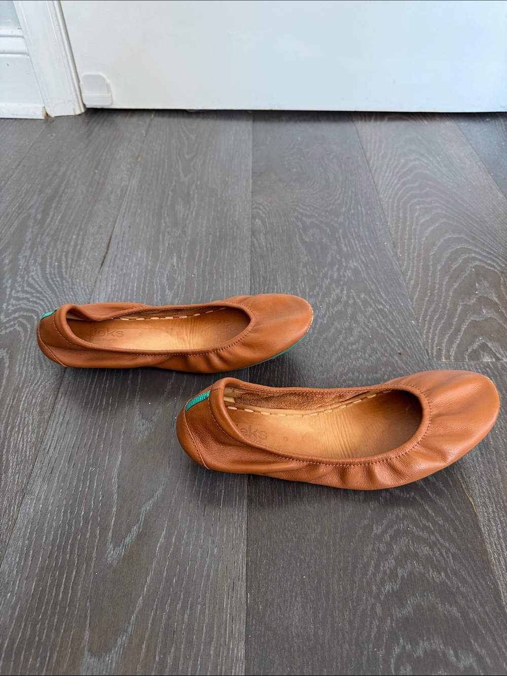 Tieks Cognac Leather Ballet Flats with Teal Soles - Picture 3 of 5